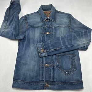 True Religion Jacket Mens Small Blue Denim Kyle Phoenix Front Pleated Trucker
